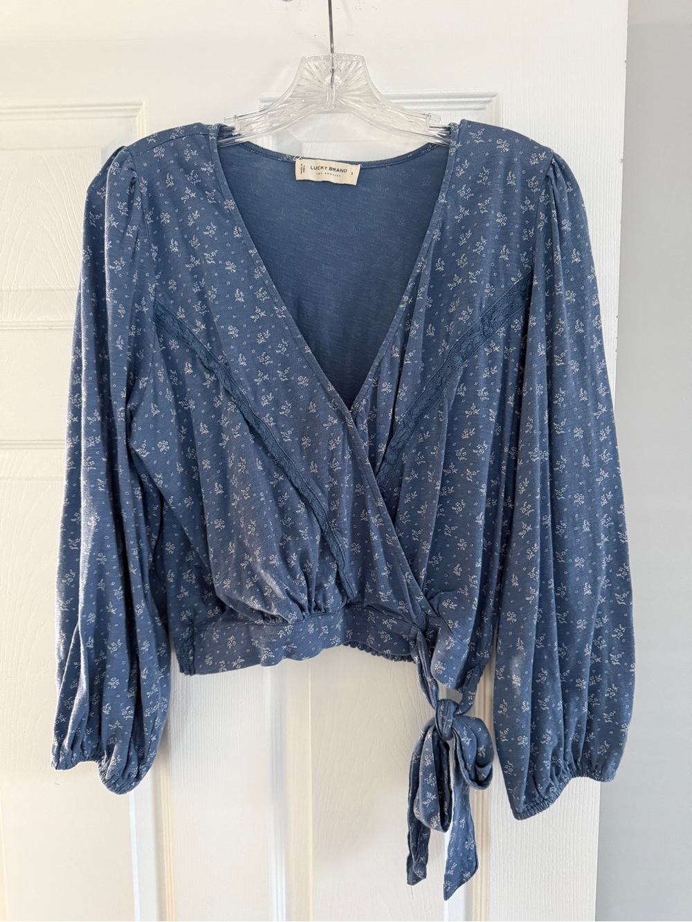 Lucky Brand Blue Floral Wrap Blouse with Tie Waist